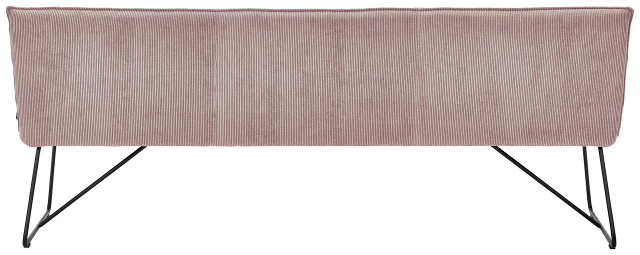 Johann Jakob Sitzbank CALAS Rückansicht einer Sitzbank mit rosa Stoffbezug und schwarzen Metallbeinen.