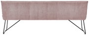 Rückansicht einer Sitzbank mit rosa Stoffbezug und schwarzen Metallbeinen.