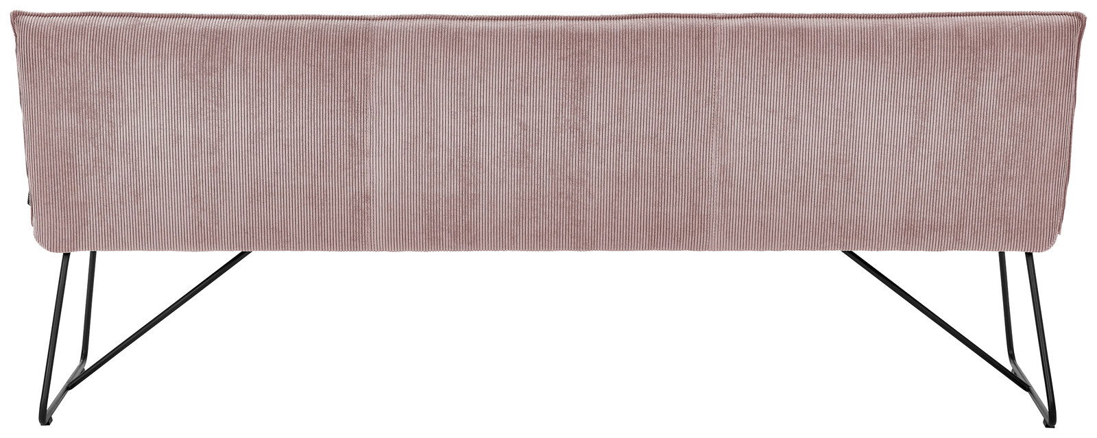 Rückansicht einer Sitzbank mit rosa Stoffbezug und schwarzen Metallbeinen.