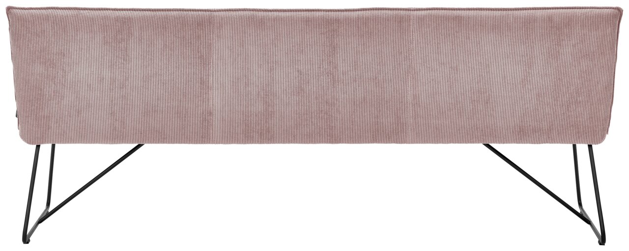 Johann Jakob Sitzbank CALAS Rückansicht einer Sitzbank mit rosa Stoffbezug und schwarzen Metallbeinen.