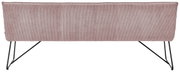Rückansicht einer Sitzbank mit rosa Stoffbezug und schwarzen Metallbeinen.