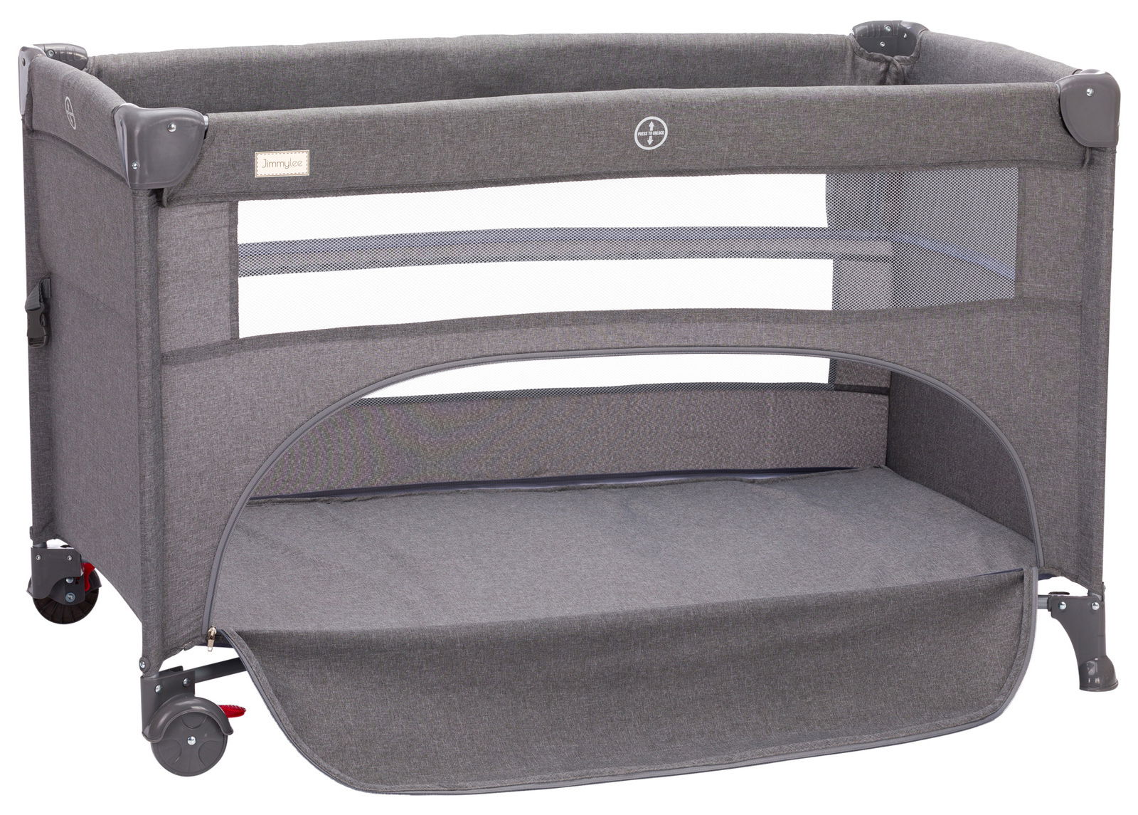 Graues Reisebett mit Netzseitenteilen und Rollen, seitliche Perspektive