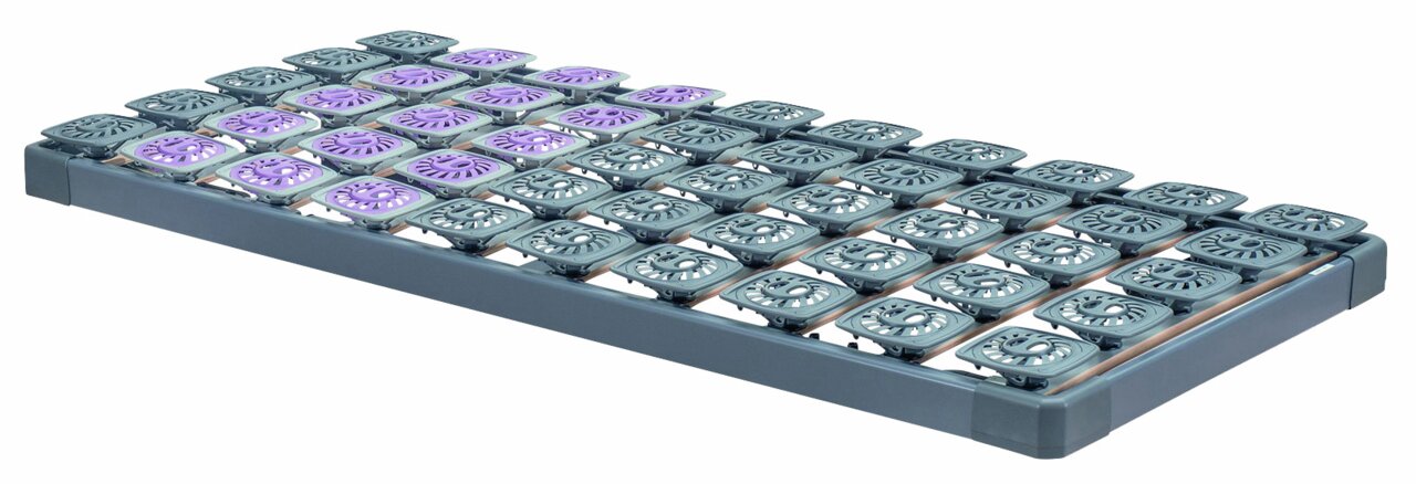 Systemrahmen 90x200 mit grauen und lila Federungselementen, seitliche Perspektive