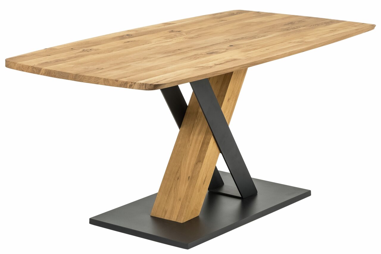 Moderner Esstisch aus Holz mit X-förmigem Metallgestell, seitliche Perspektive