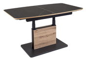 Moderner Couchtisch mit schwarzer Tischplatte und Holzdetails, seitliche Perspektive