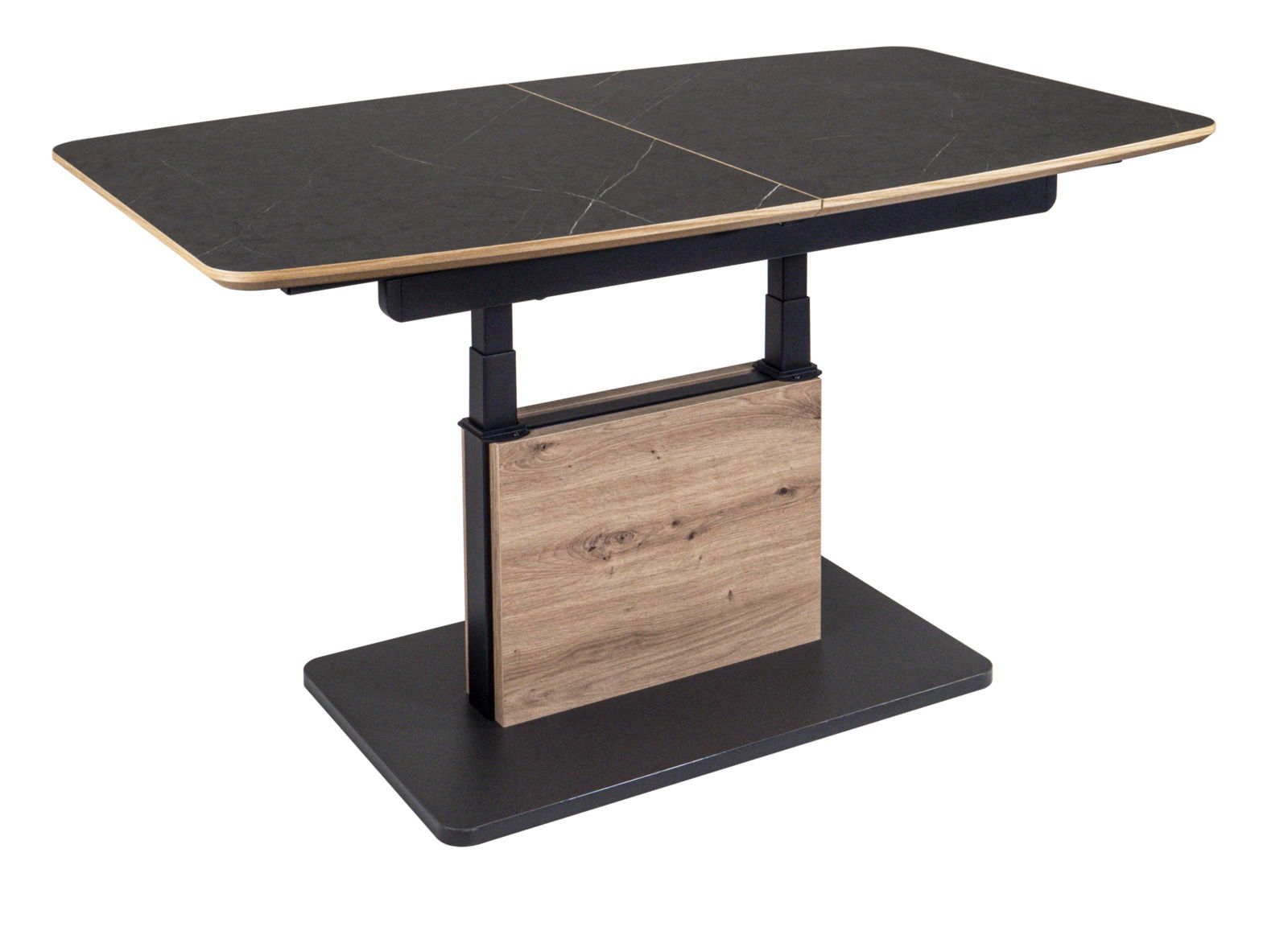 Moderner Couchtisch mit schwarzer Tischplatte und Holzdetails, seitliche Perspektive