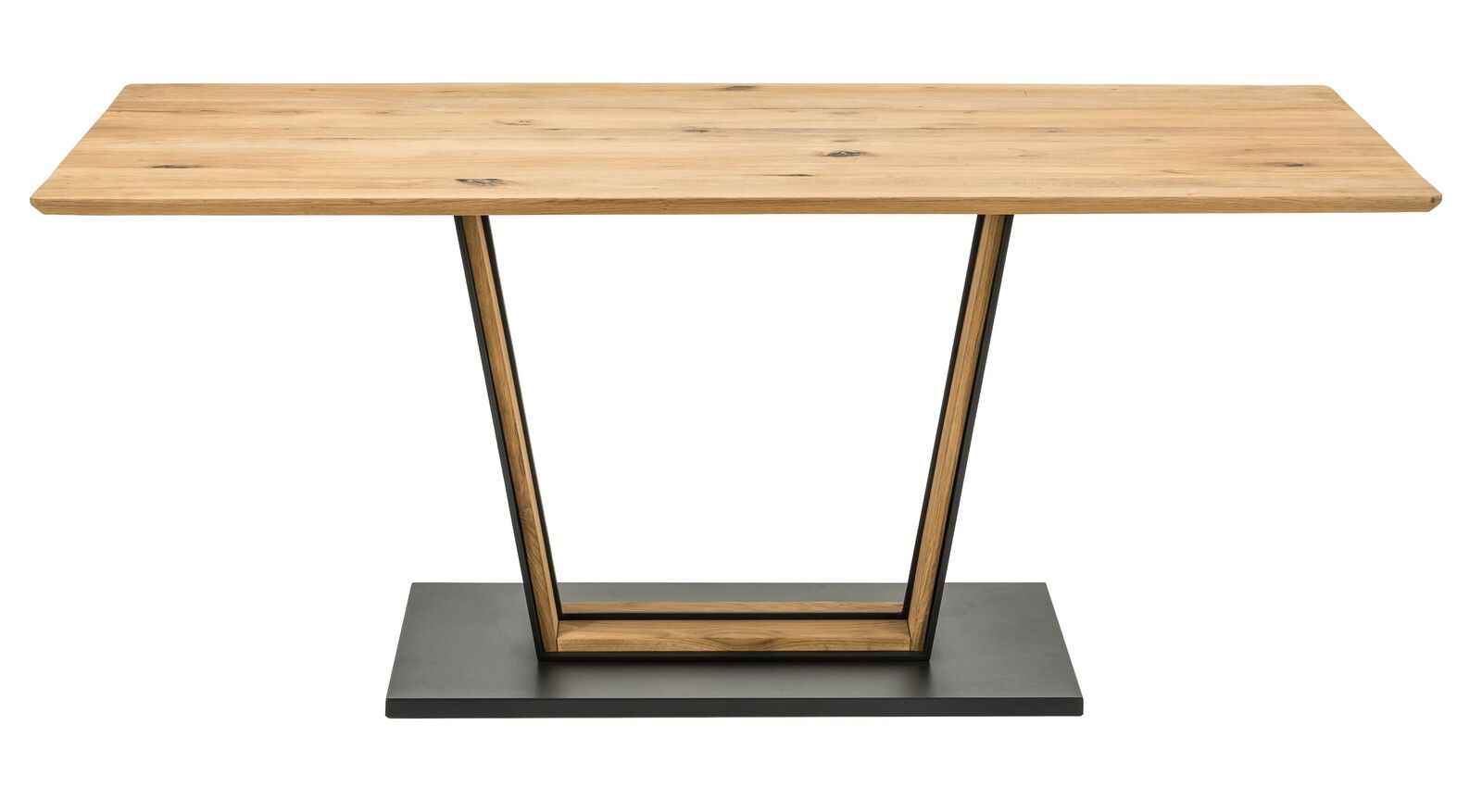 Moderner Esstisch aus Holz mit V-förmigem Metallgestell, Frontalansicht