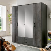 Moderner 4-türiger Drehtürenschrank mit Spiegel in Holzoptik, Frontansicht