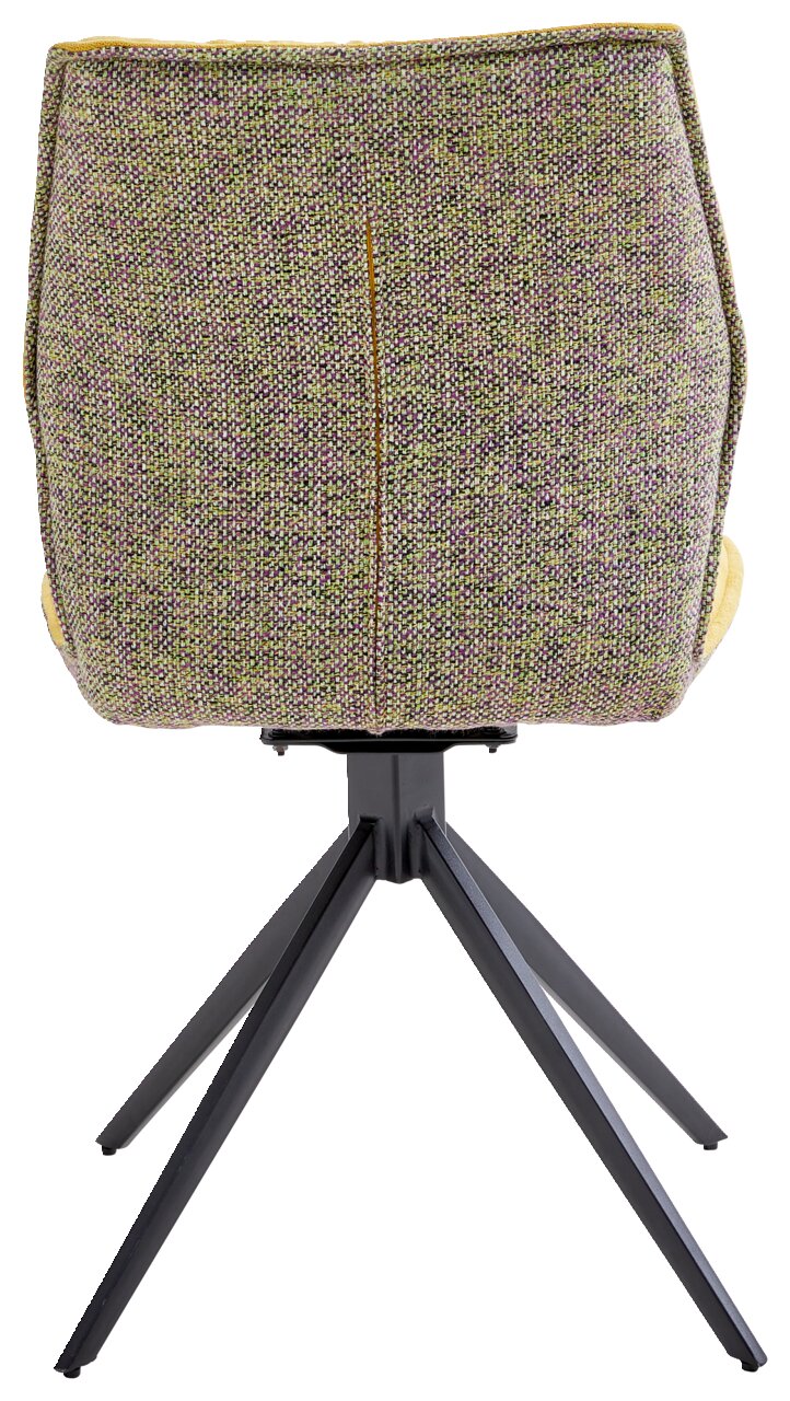 Rückansicht eines Stuhls der Serie HAPPY mit gemustertem Stoffbezug und schwarzem Metallgestell.