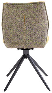 Rückansicht eines Stuhls der Serie HAPPY mit gemustertem Stoffbezug und schwarzem Metallgestell.