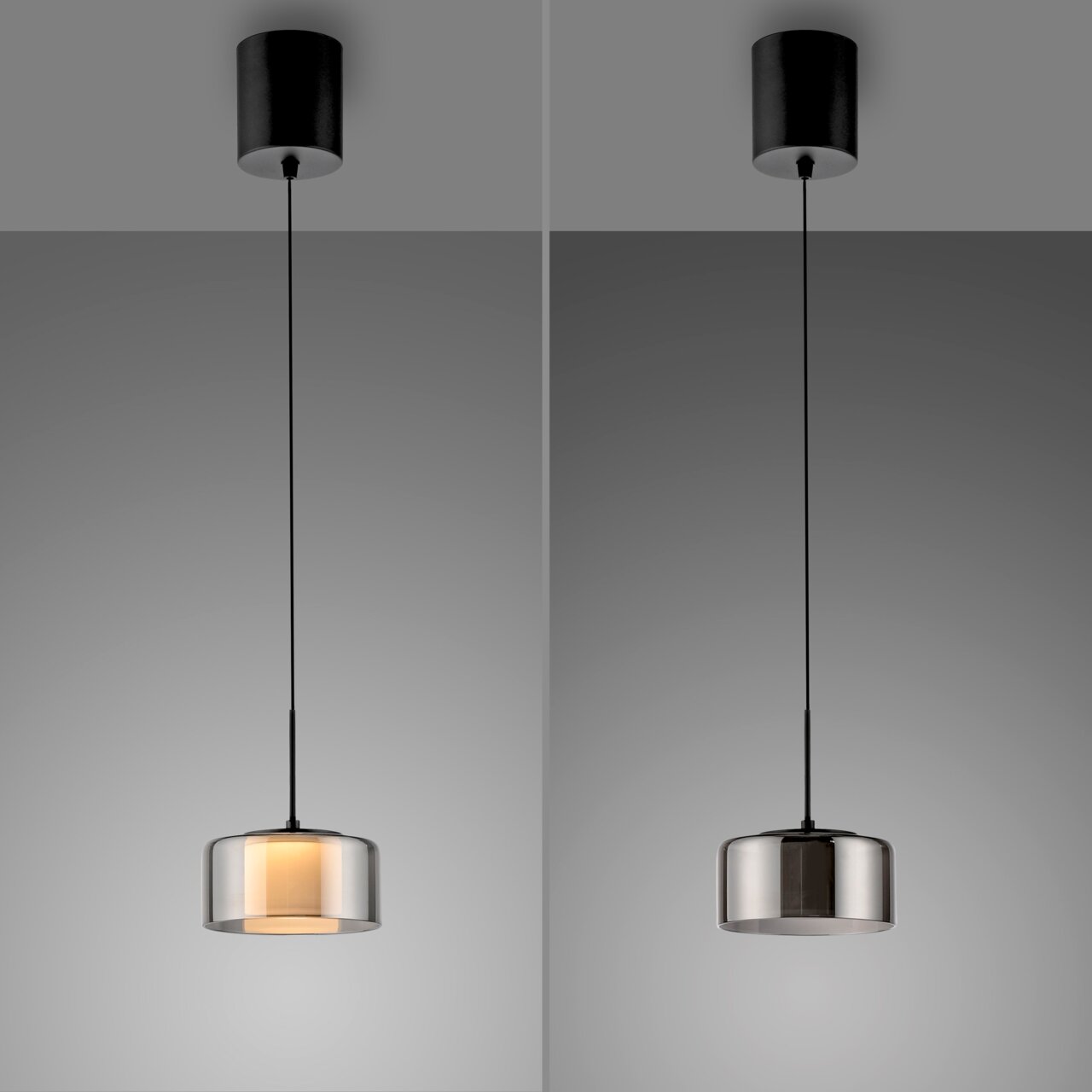 Pendelleuchte RIKA von Paul Neuhaus, zylindrischer schwarzer Baldachin, transparent-grauer Lampenschirm, seitliche Perspektive