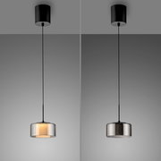 Pendelleuchte RIKA von Paul Neuhaus, zylindrischer schwarzer Baldachin, transparent-grauer Lampenschirm, seitliche Perspektive