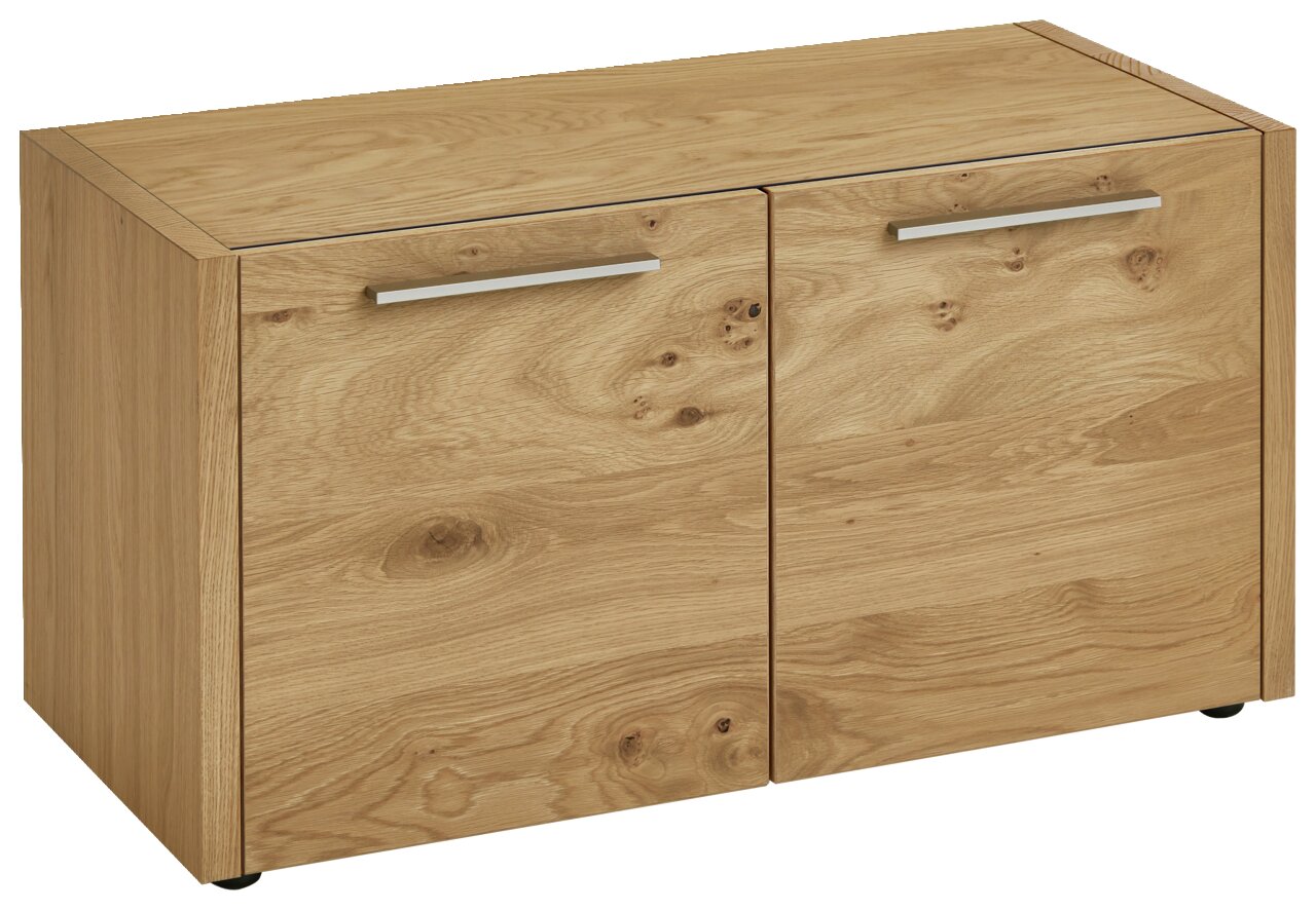 XL-Garderobenbank aus Holz mit zwei Türen und silbernen Griffen, seitliche Perspektive