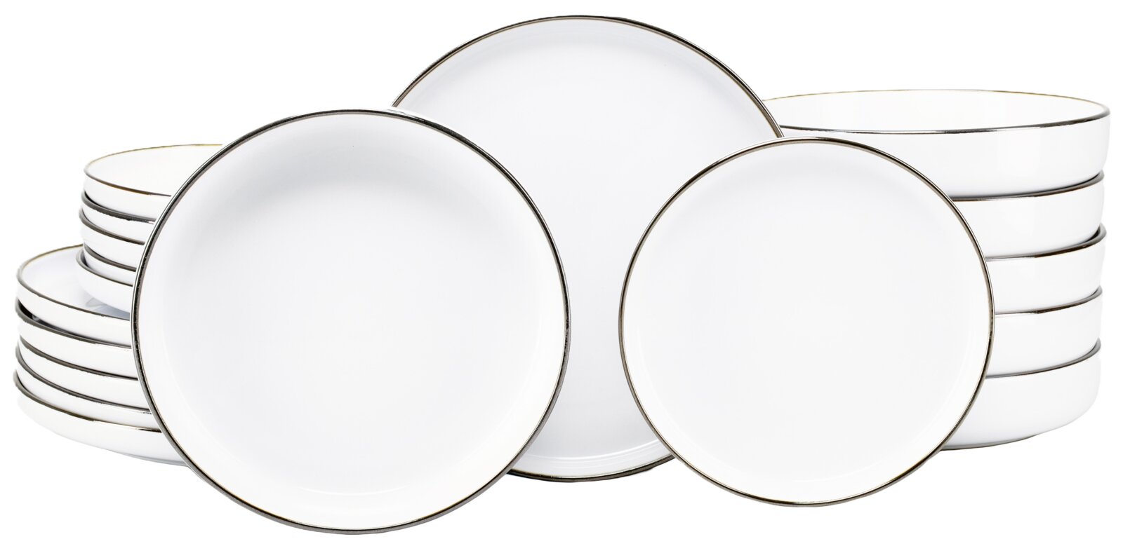 creaTable Tellerset 18-tlg NORDIC FESTIVE Weißes Tafelservice mit dünnem goldfarbenem Rand, mehrere Teller und Schalen gestapelt, frontal in leichter Schrägansicht vor weißem Hintergrund