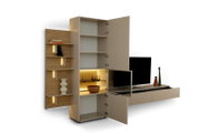 Moderne beige Wohnwand mit Holzdekor, beleuchteten Regalfächern, Vitrine, TV-Lowboard und geöffneten Schranktüren, aus schräger Frontansicht