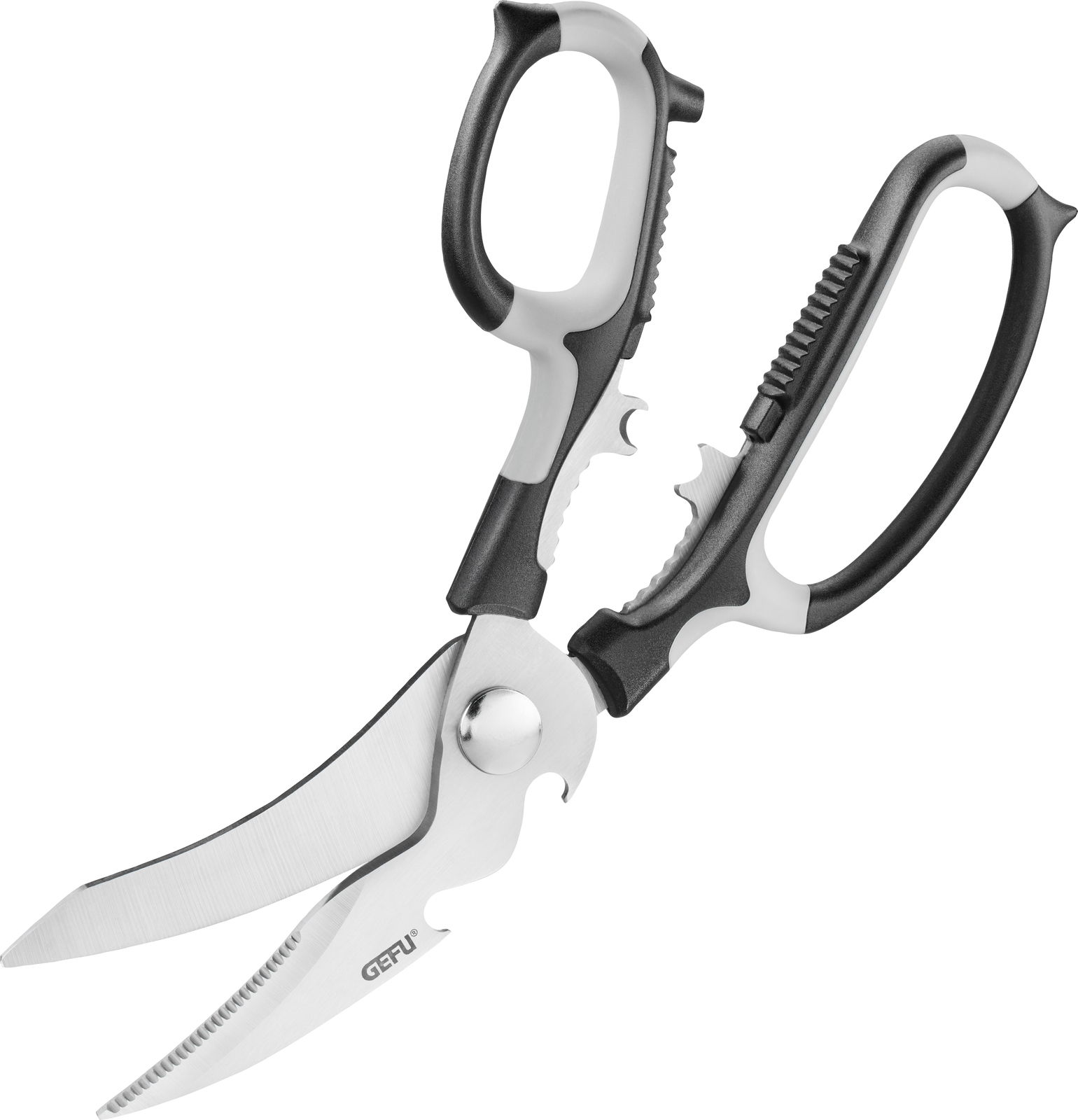 Vielzweckschere mit ergonomischen Griffen und gezackten Klingen, seitliche Perspektive