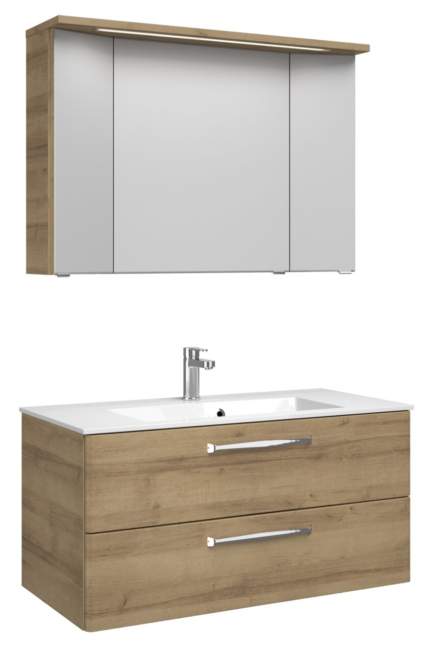 Moderner Badblock mit Holzoptik und Spiegelschrank, Frontansicht