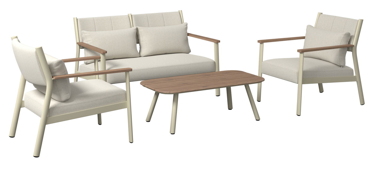 Gartenlounge-Set bestehend aus einem Zweisitzer-Sofa, zwei Sesseln und einem rechteckigen Couchtisch, aus seitlicher Perspektive fotografiert.