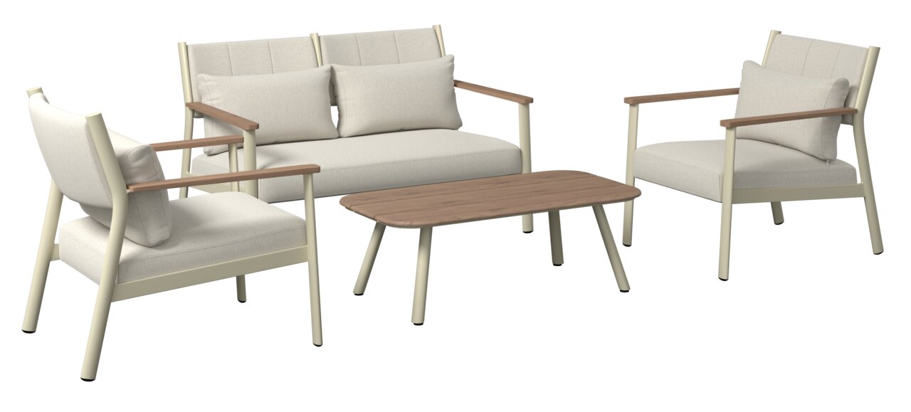 Gartenlounge-Set bestehend aus einem Zweisitzer-Sofa, zwei Sesseln und einem rechteckigen Couchtisch, aus seitlicher Perspektive fotografiert.