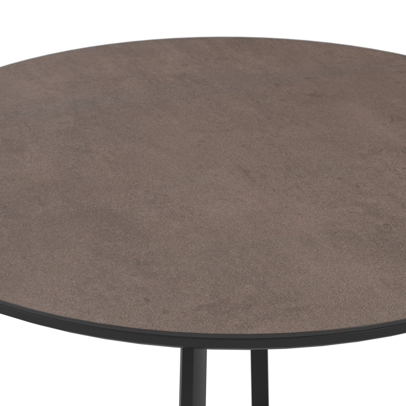 Runder Gartentisch mit dunkler Tischplatte, seitliche Perspektive