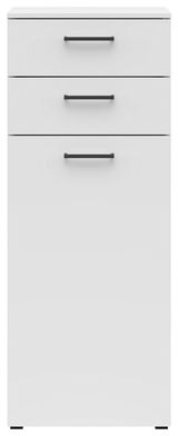 Weiße Kommode mit drei Schubladen, schwarze Griffe, frontale Ansicht