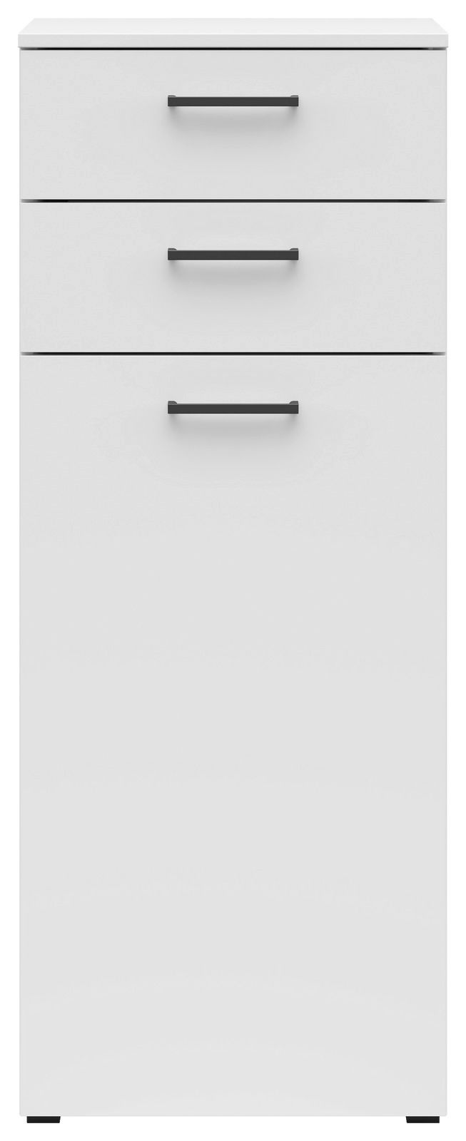 Weiße Kommode mit drei Schubladen, schwarze Griffe, frontale Ansicht
