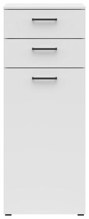 Weiße Kommode mit drei Schubladen, schwarze Griffe, frontale Ansicht
