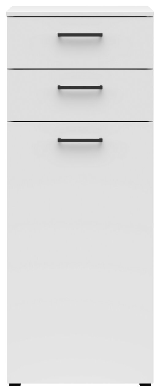 Weiße Kommode mit drei Schubladen, schwarze Griffe, frontale Ansicht