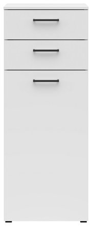 Weiße Kommode mit drei Schubladen, schwarze Griffe, frontale Ansicht