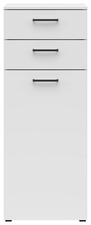 Weiße Kommode mit drei Schubladen, schwarze Griffe, frontale Ansicht
