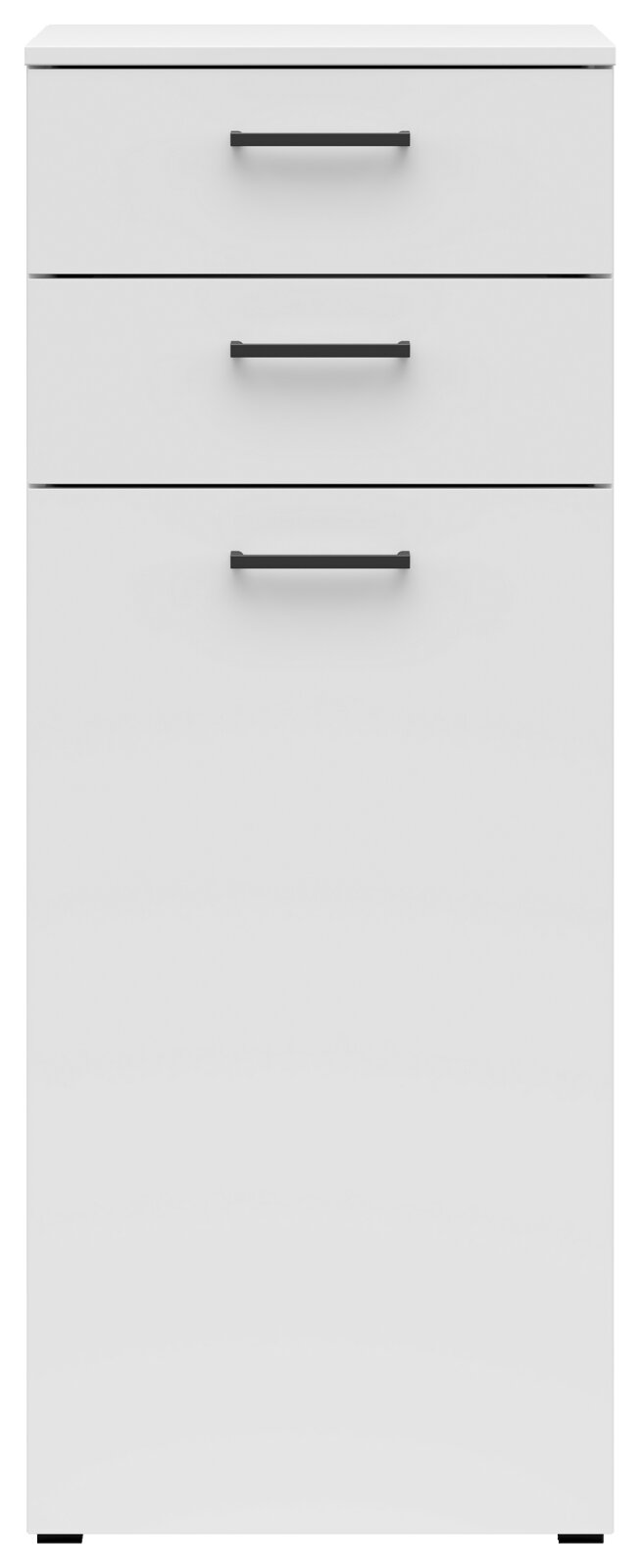 Weiße Kommode mit drei Schubladen, schwarze Griffe, frontale Ansicht