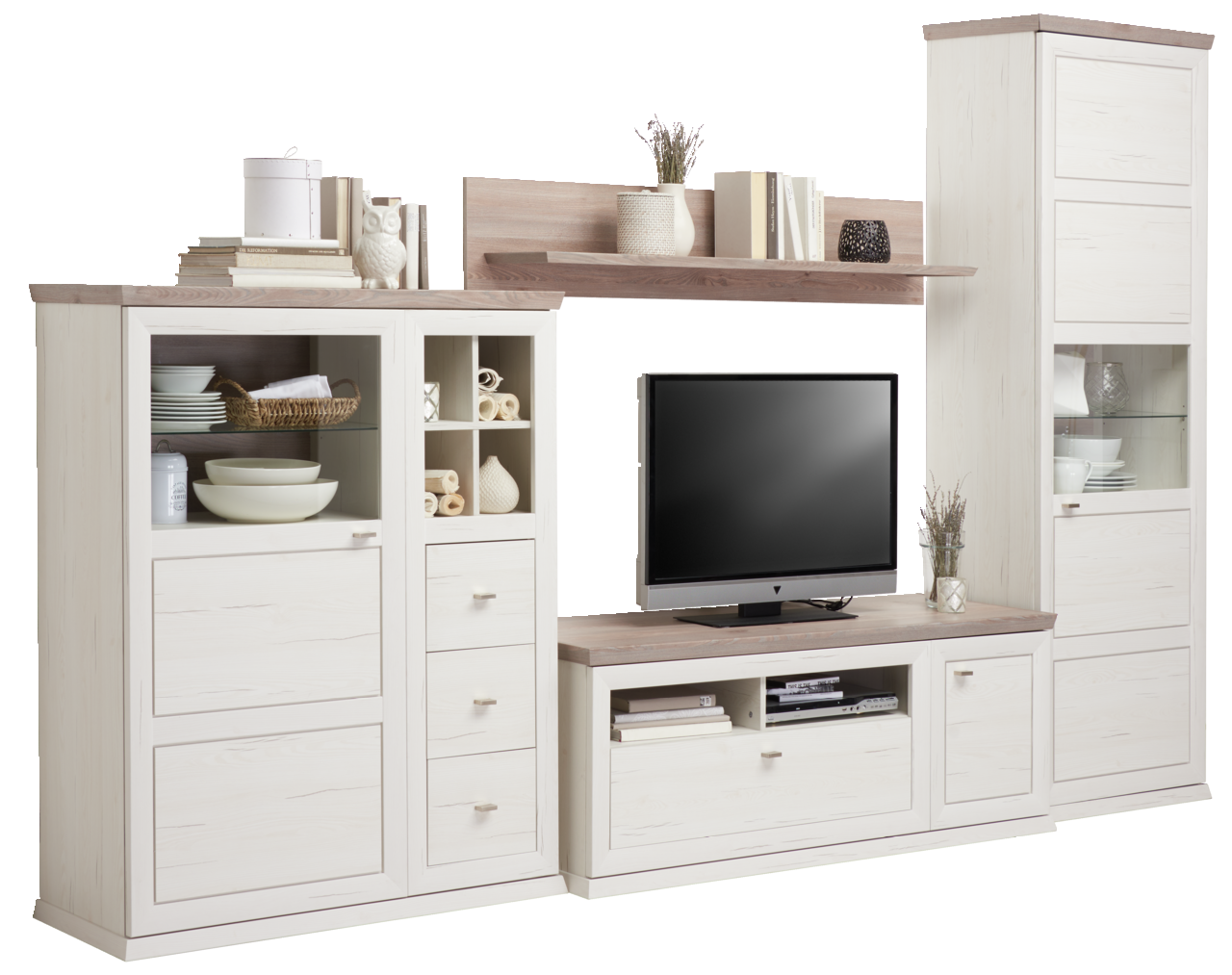 Hom´in Wohnwand CAMRON Wohnwand in heller Holzoptik mit mehreren Schränken, Regalen und einem TV-Schrank, frontal betrachtet.