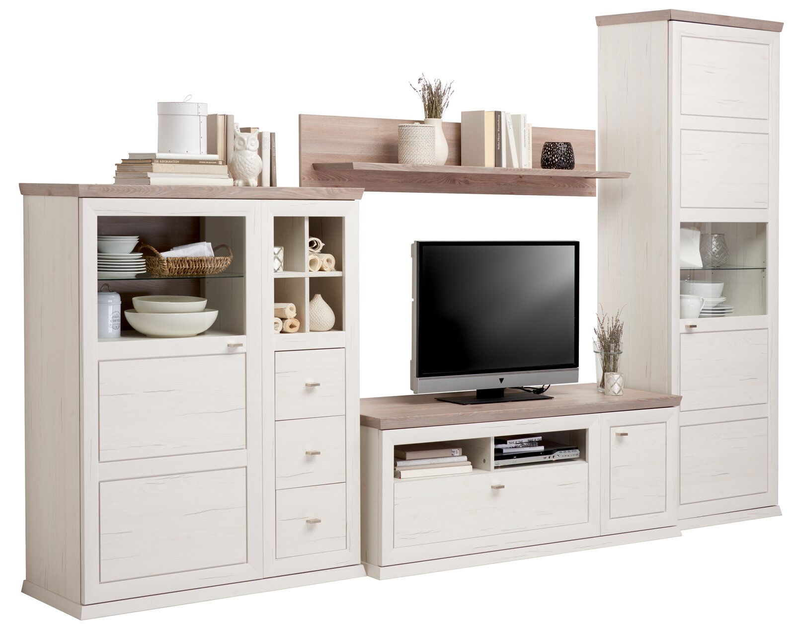 Hom´in Wohnwand CAMRON Wohnwand in heller Holzoptik mit mehreren Schränken, Regalen und einem TV-Schrank, frontal betrachtet.