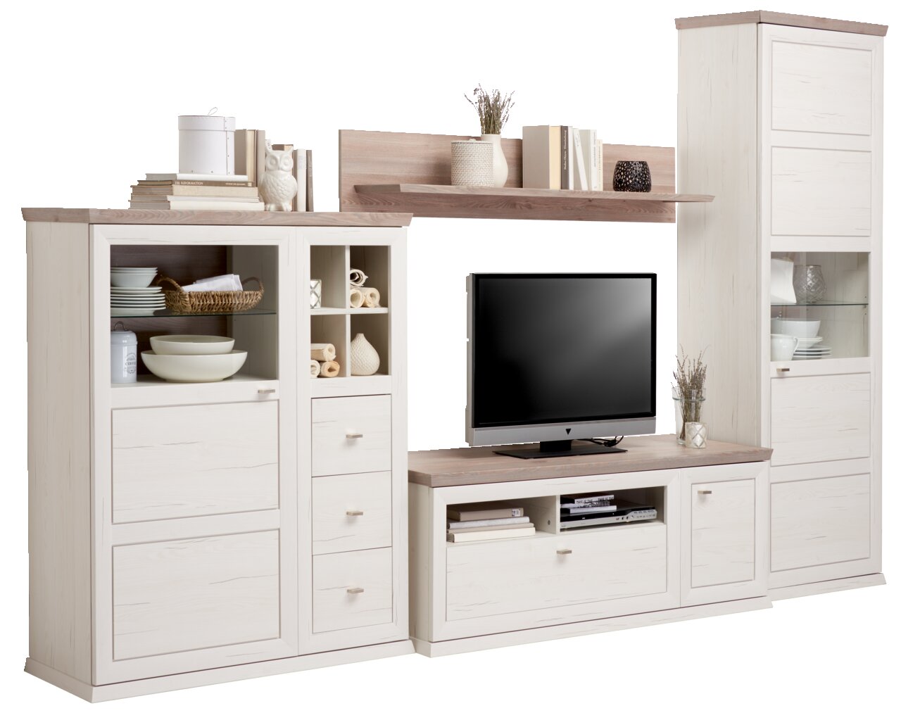 Wohnwand in heller Holzoptik mit mehreren Schränken, Regalen und einem TV-Schrank, frontal betrachtet.