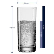 Wasserglas Easy+ 350ml, zylindrische Form, gefüllt mit sprudelndem Wasser, seitliche Ansicht mit Maßangaben.