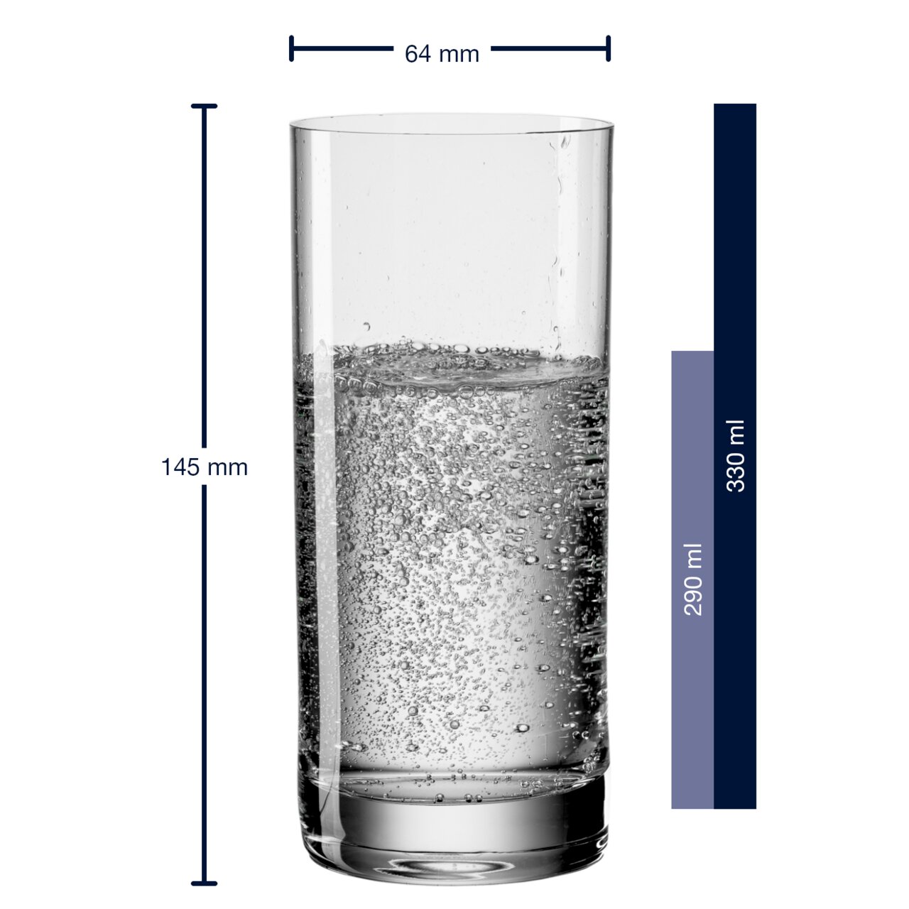 Waterglas Easy+ 350 ml, cilindrische vorm, gevuld met bruisend water, zijaanzicht met maatverdeling.