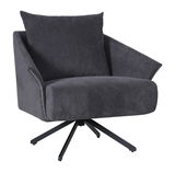 Moderner grauer Sessel mit breiten Armlehnen und schwarzem Drehfuß, seitliche Perspektive