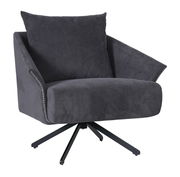 Moderner grauer Sessel mit breiten Armlehnen und schwarzem Drehfuß, seitliche Perspektive