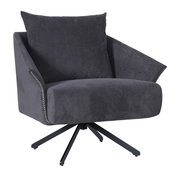 Moderner grauer Sessel mit breiten Armlehnen und schwarzem Drehfuß, seitliche Perspektive