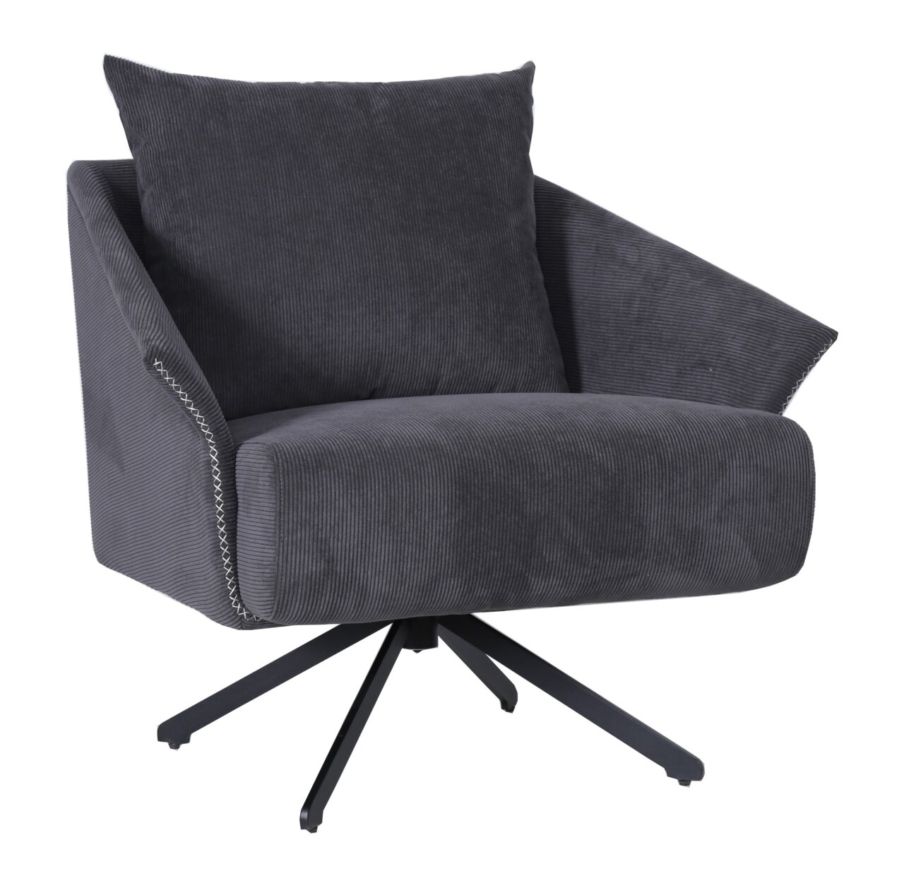 Moderner grauer Sessel mit breiten Armlehnen und schwarzem Drehfuß, seitliche Perspektive
