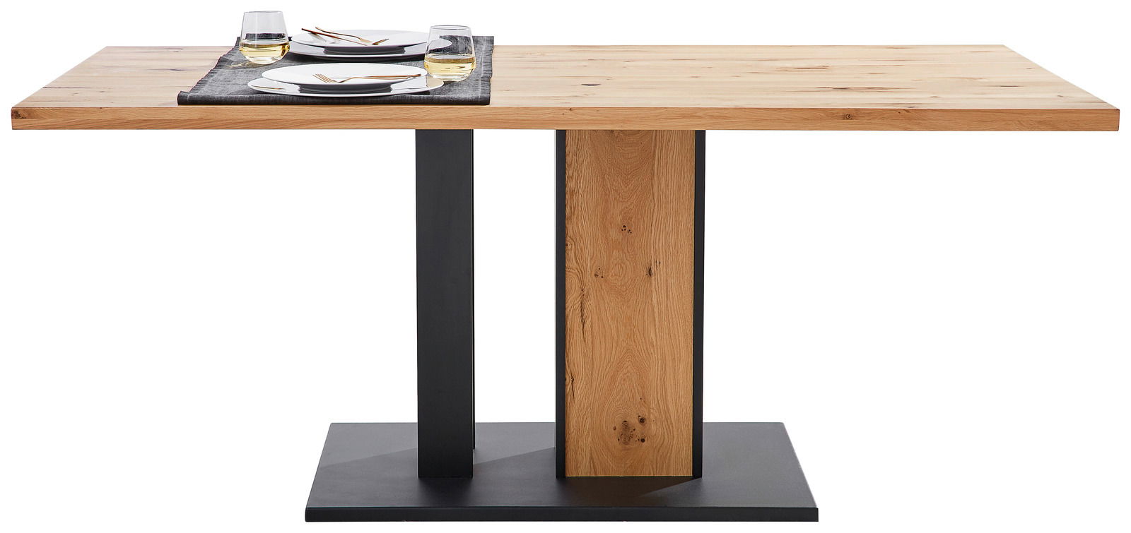 Moderner Esstisch aus Holz mit schwarzem Metallgestell, seitliche Perspektive