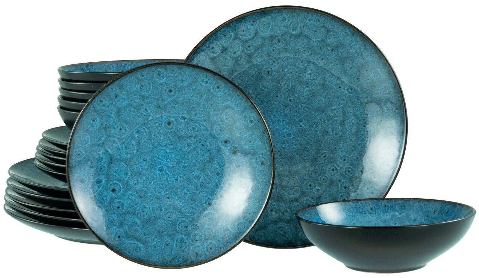 Blaues Tellerset 18-tlg mit dekorativem Muster, seitliche Perspektive