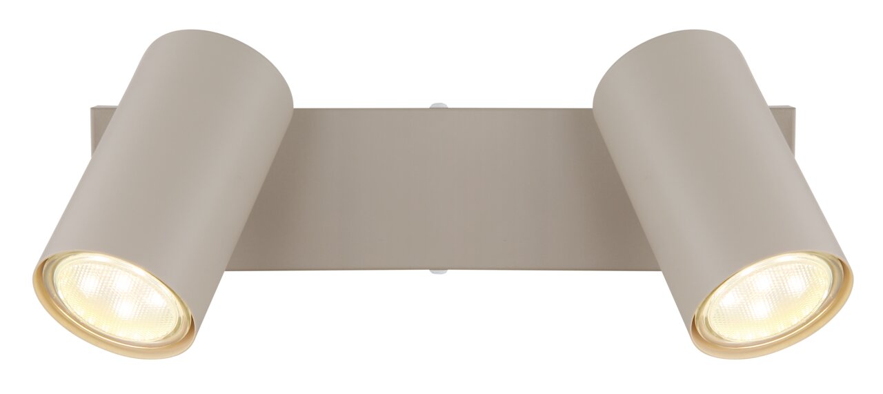 Zweiflammiger Strahler in modernem Design, frontal abgebildet.