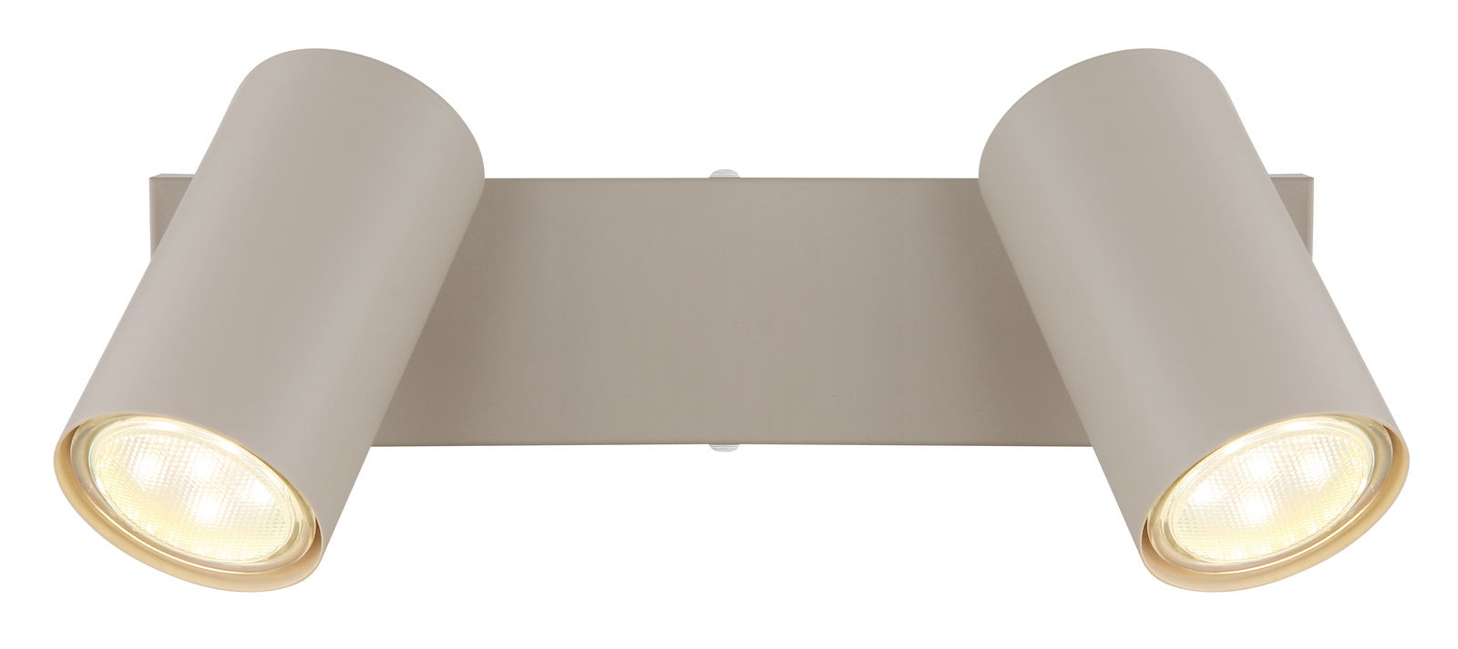 Zweiflammiger Strahler in modernem Design, frontal abgebildet.