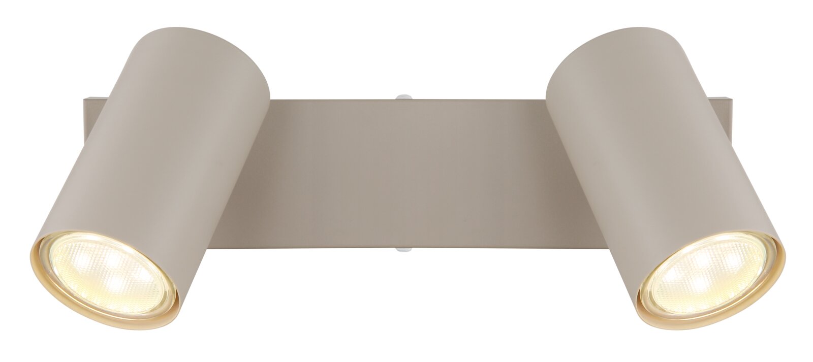 Zweiflammiger Strahler in modernem Design, frontal abgebildet.