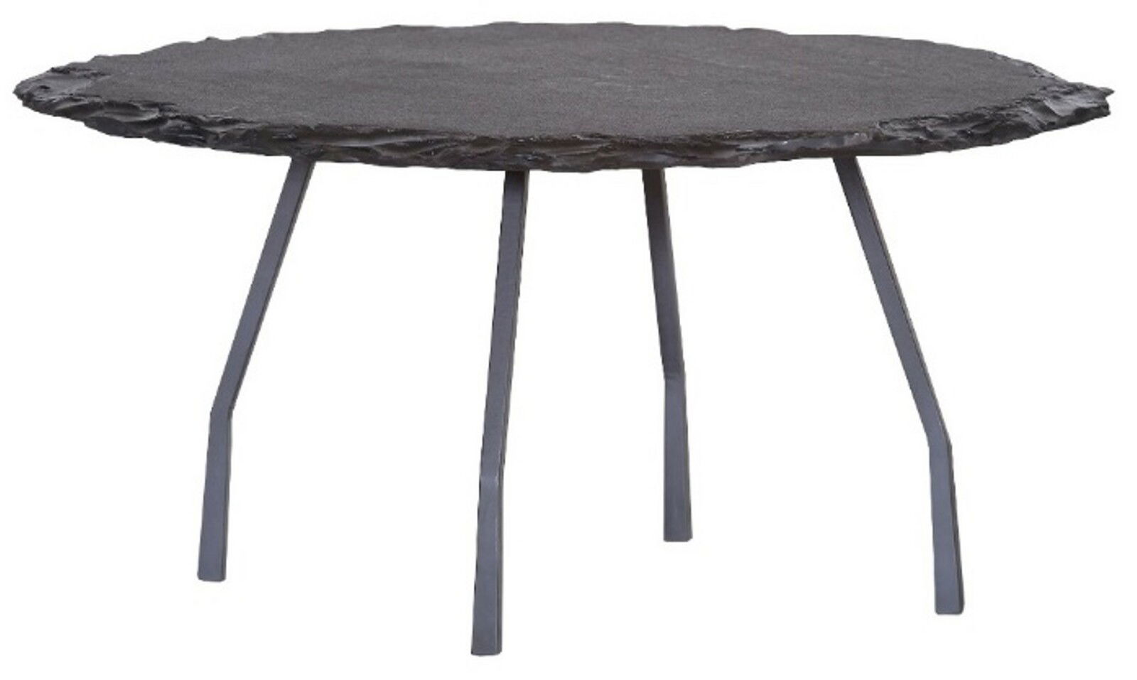 Moderner Couchtisch mit unregelmäßiger, dunkler Tischplatte und schlanken Metallbeinen, seitliche Perspektive