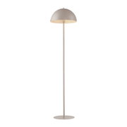 Minimalistische Stehlampe in Beige mit halbkugelförmigem Schirm und rundem Standfuß, freigestellt auf weißem Hintergrund, frontale Ansicht.