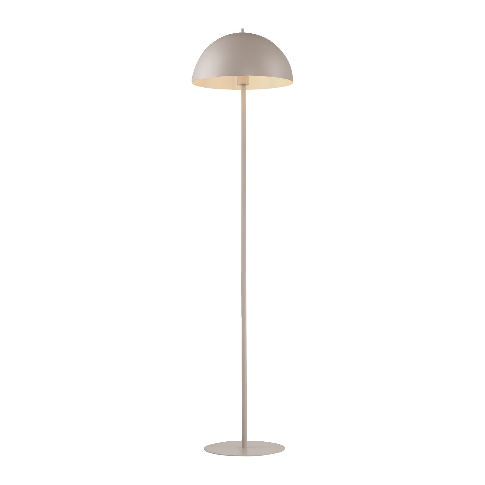 Minimalistische Stehlampe in Beige mit halbkugelförmigem Schirm und rundem Standfuß, freigestellt auf weißem Hintergrund, frontale Ansicht.