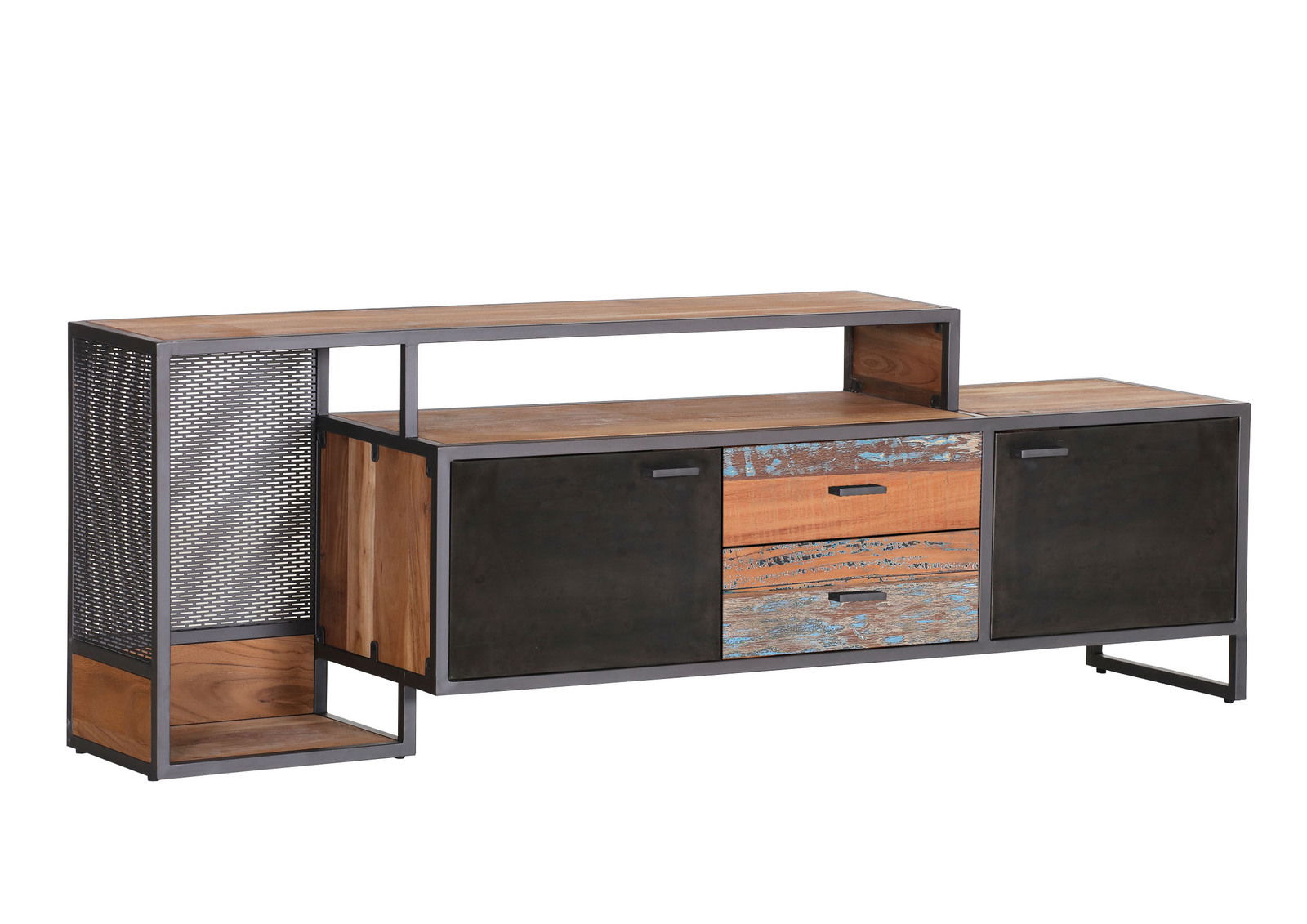 TV-Lowboard aus Holz und Metall mit zwei Schubladen und zwei Türen, seitliche Perspektive