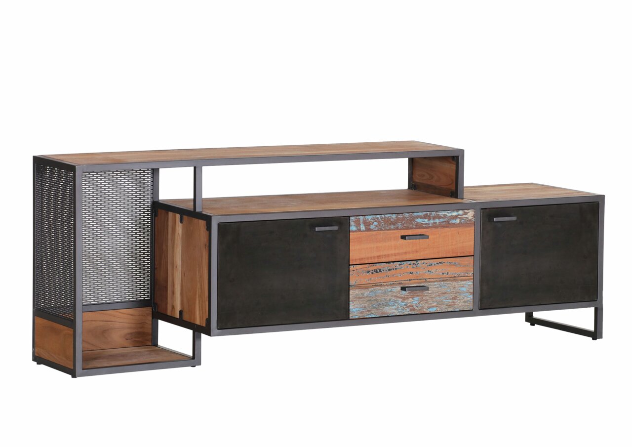 TV-Lowboard aus Holz und Metall mit zwei Schubladen und zwei Türen, seitliche Perspektive